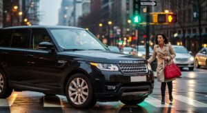 Pedestrian crossing near an SUV in city traffic