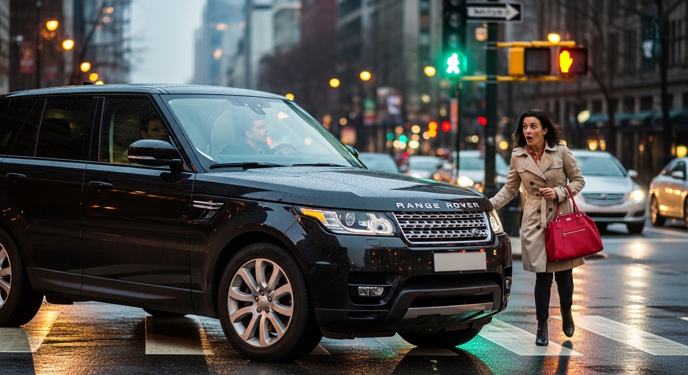 Pedestrian crossing near an SUV in city traffic